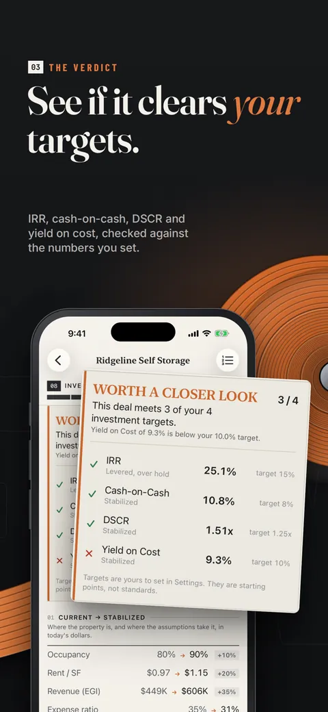 Self Storage Calculator verdict screen checking a deal against IRR, cash-on-cash, DSCR and yield-on-cost targets