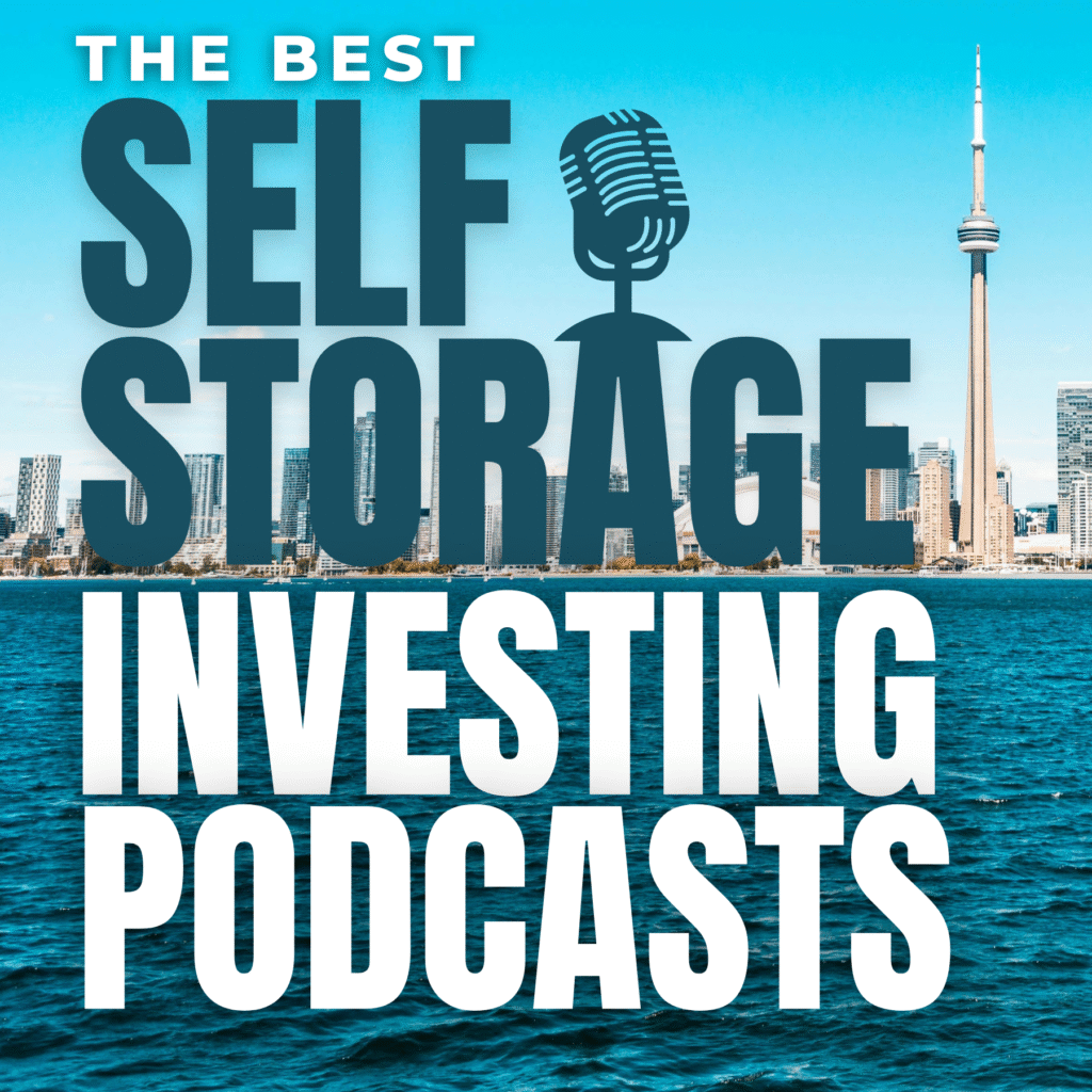 Podcast microphone with self storage facility in background representing the best self storage investing podcasts