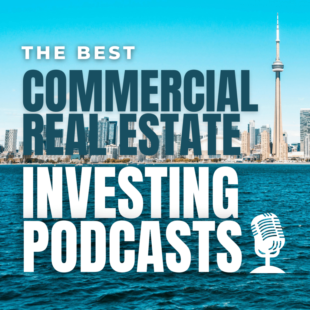Best commercial real estate investing podcasts displayed on smartphone with investor analyzing multifamily property deals in background