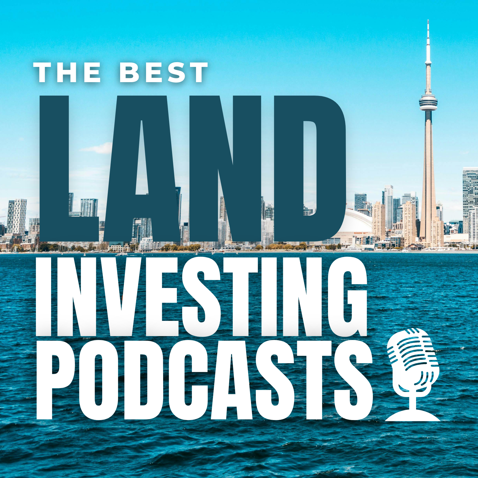 Land investing podcasts displayed on smartphone with microphone and real estate icons