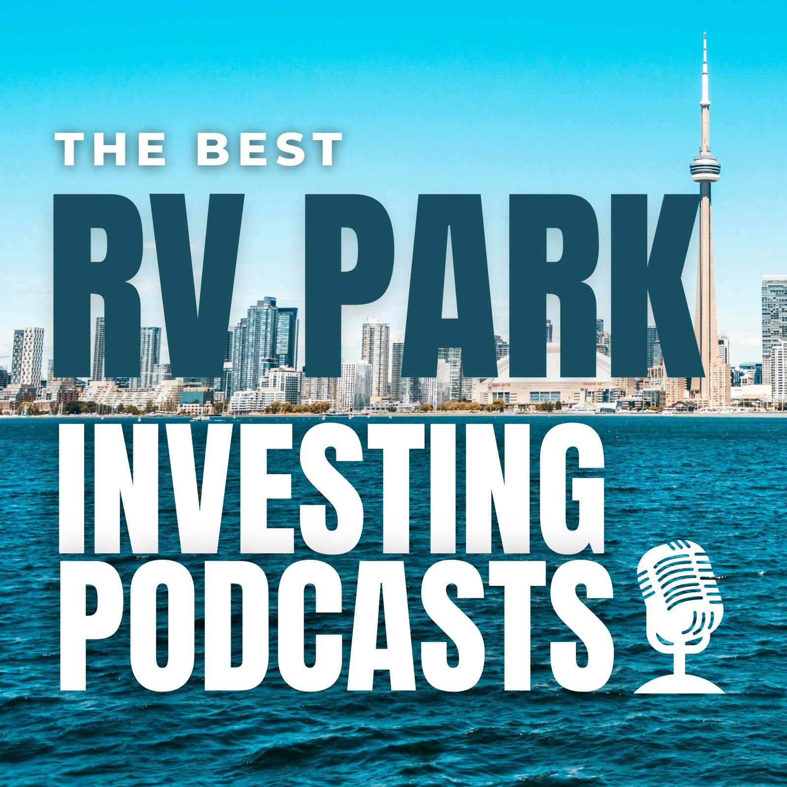 Collage of top RV park investing podcast hosts including Frank Rolfe, Gabe Petersen, and Robert Preston with microphones and RV park properties in background