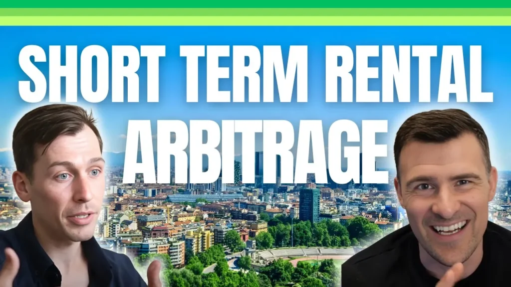 Real estate investor reviewing Airbnb rental arbitrage strategy on laptop with property listings and cash flow projections