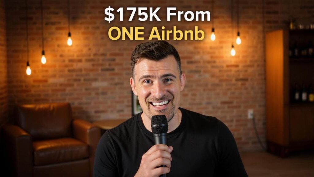 Real estate investor analyzing short-term rental market data on laptop with property photos and revenue charts displayed on screen