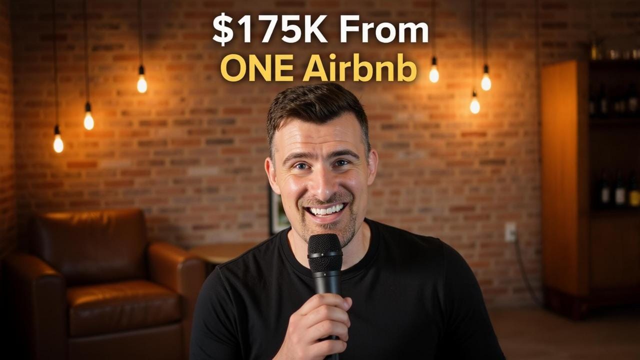 Real estate investor analyzing short-term rental market data on laptop with property photos and revenue charts displayed on screen