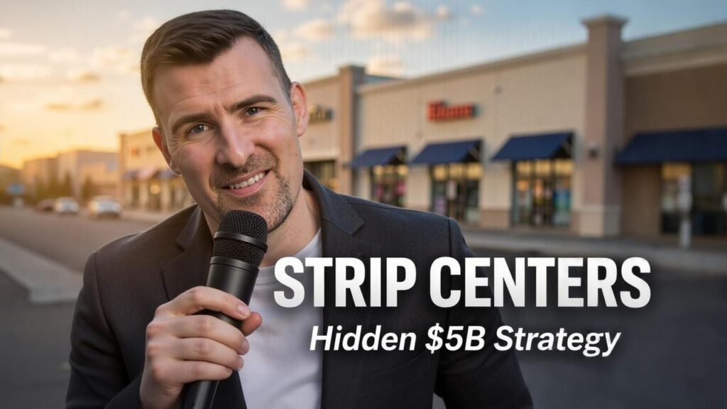 Strip center retail shopping center with grocery anchor and multiple tenant storefronts in suburban location