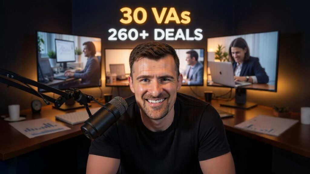 Real estate investor managing virtual assistant team on computer with property charts and CRM dashboard