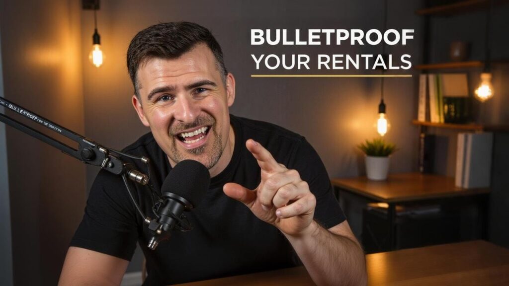 Real estate investor reviewing a seller financing agreement at a desk with property documents and a calculator