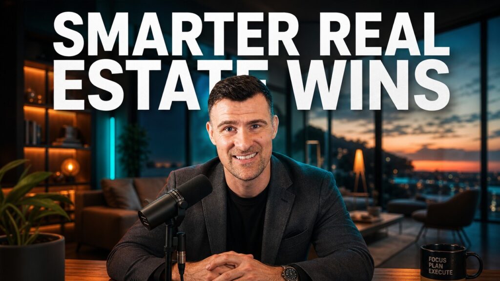 Real estate investor reviewing wholesale deal flow strategy with microphone on podcast set